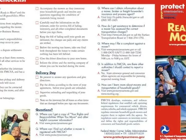 Informative brochure page featuring a list of questions and delivery options for a service, with a red and white design. The content includes FAQs and contact information for further inquiries.